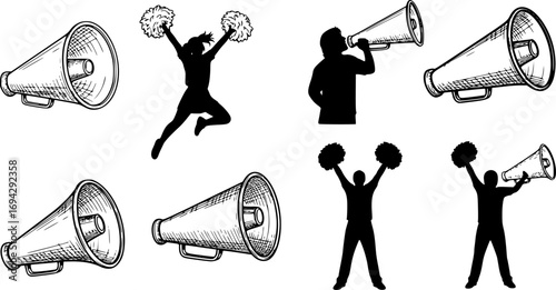 Cheer megaphone SVG cut files bundle with cheerleading silhouette and sports vector illustrations for cheers and team spirit design