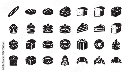 Bakery and Pastry Icons – Vector Silhouettes of Bread, Cake, Cupcakes, Donuts, and Pastries for Dessert Menus and Bakery Designs
