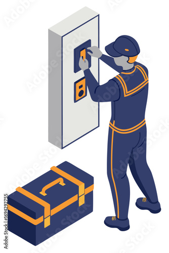 Isolated isometric vector illustration of technician installing or repairing home water heater, household maintenance concept.