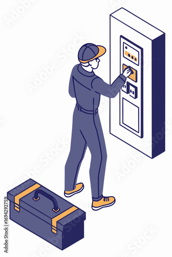 Isometric service worker repairing and maintaining residential water heater, cartoon vector for installation and home repair concept.