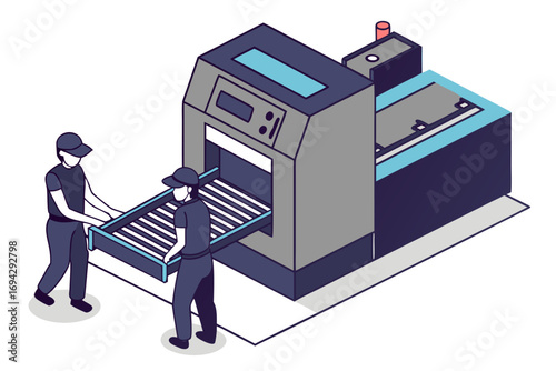Factory employee conducting maintenance on faulty equipment, isometric engineer worker fixing machine, isolated vector style.