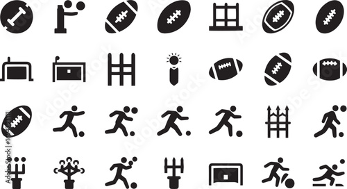 Football Icons Set – Vector Silhouettes of Footballs, Goalposts, Players, and Sports Equipment for Football Designs, Logos, and Branding