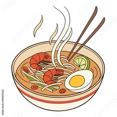 Malaysian Laksa Noodle Soup Vector Illustration. Perfect for: Malaysian food branding, cultural cookbooks, food blogs, culinary infographics, travel campaigns