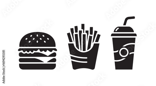Fast Food Icons – Vector Silhouettes of Burger, Fries, and Drink for Menus, Restaurants, and Snack Branding