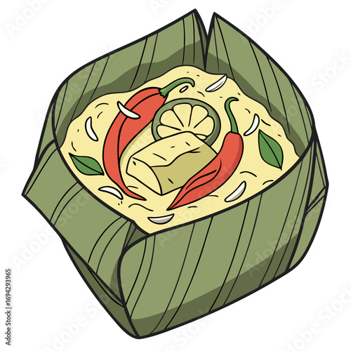 Cambodian Fish Amok Traditional Dish Vector Illustration. Perfect for: Cambodian cuisine, exotic food promotion, cultural branding