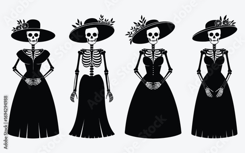 Four skeletons dressed in elegant black dresses and hats