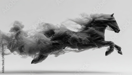 Abstract grayscale image of a horse, rendered as smoke or ink, in mid-flight