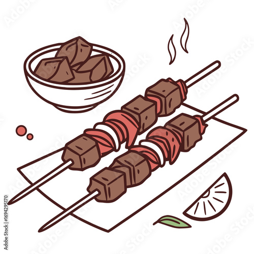 Sate Kere Vector – Indonesian Solo Beef Offal Satay Skewers. Perfect for: Indonesian regional cuisine promotion, healthy-food graphics, vegetarian menu art, travel-food editorials, local breakfast cam