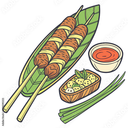Sate Lilit Vector – Balinese Minced Fish Satay on Lemongrass Sticks. Perfect for: cultural-food documentaries (illustration assets), regional-heritage exhibits, ethnographic cookbooks (illustrations),
