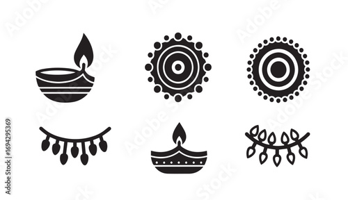 Diwali Decoration Icons – Vector Silhouettes of Diyas, Rangoli Patterns, and Garland Lights for Festival, Celebration, and Cultural Designs