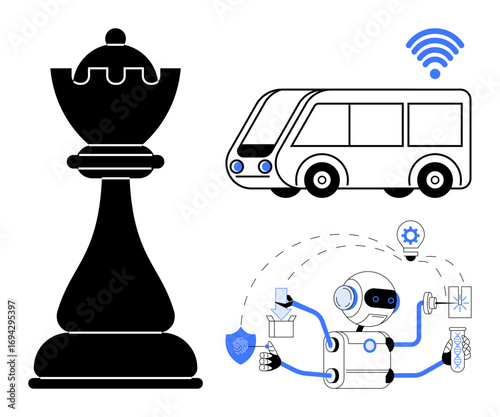 Chess piece, autonomous bus with wireless, multitasking robot. Ideal for innovation, strategy, AI, automation, robotics mobility smart systems. Simple flat metaphor