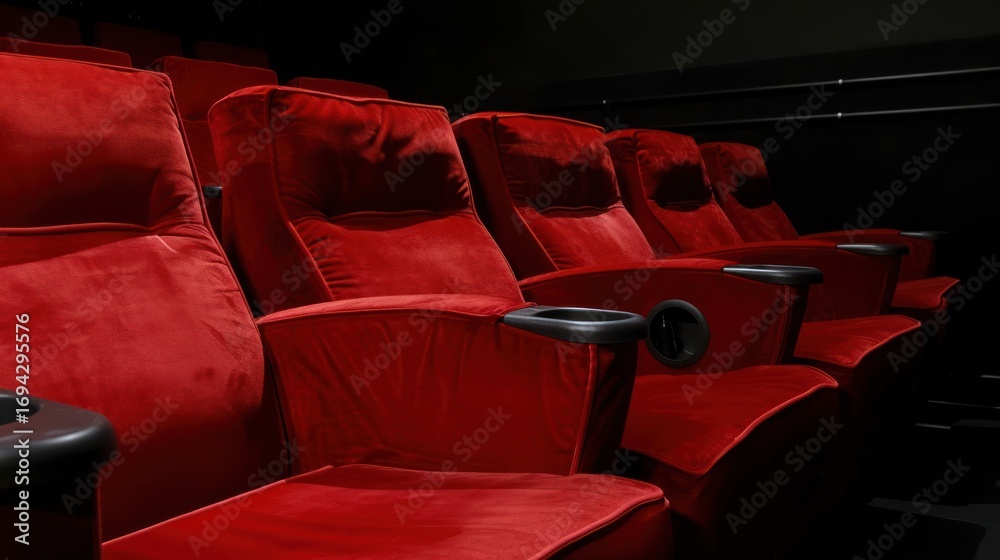 Obraz premium Red Theater Seats in Dimly Lit Cinematic Auditorium for Movie Viewing and Entertainment