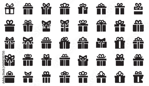 Gift Box Icons Collection – Vector Silhouettes of Wrapped Presents with Bows for Holiday, Birthday, Celebration, and Shopping Designs
