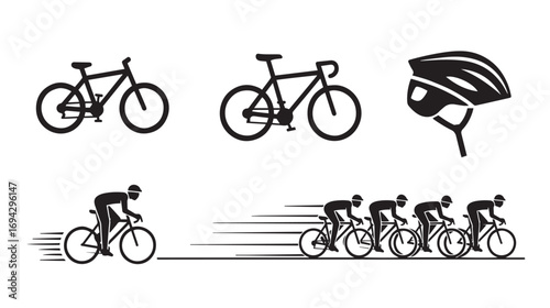 Cycling Icons Set – Vector Silhouettes of Bikes, Cyclists, Group Riding, and Helmet for Sports, Fitness, and Outdoor Activity Designs