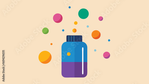 Exosome Capsules A dynamic vector showing colorful capsules or orbs labeled as exosomes hovering over a skincare bottle emphasizing the innovative ingredients in the product.