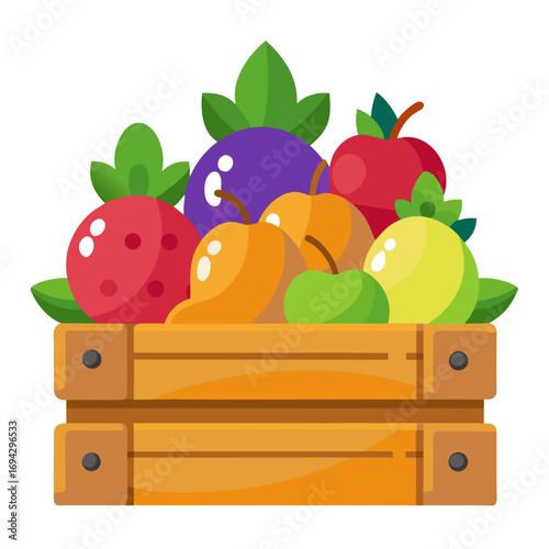 Colorful wooden harvest crate filled with fresh fruits and vegetables