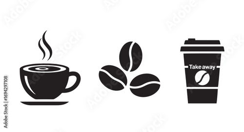 Coffee Icons Set – Vector Silhouettes of Hot Coffee Cup, Coffee Beans, and Takeaway Cup for Cafes, Menus, and Beverage Branding