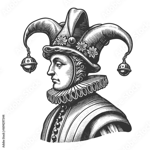 court jester wearing a traditional hat with bells, ornate clothing, and ruffled collar sketch engraving generative ai fictional character vector illustration. Scratch board. Black and white image.