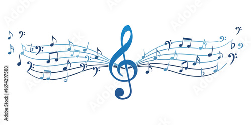 Blue clef music notes key musical border illustration divider clipart, vector stock illustration.