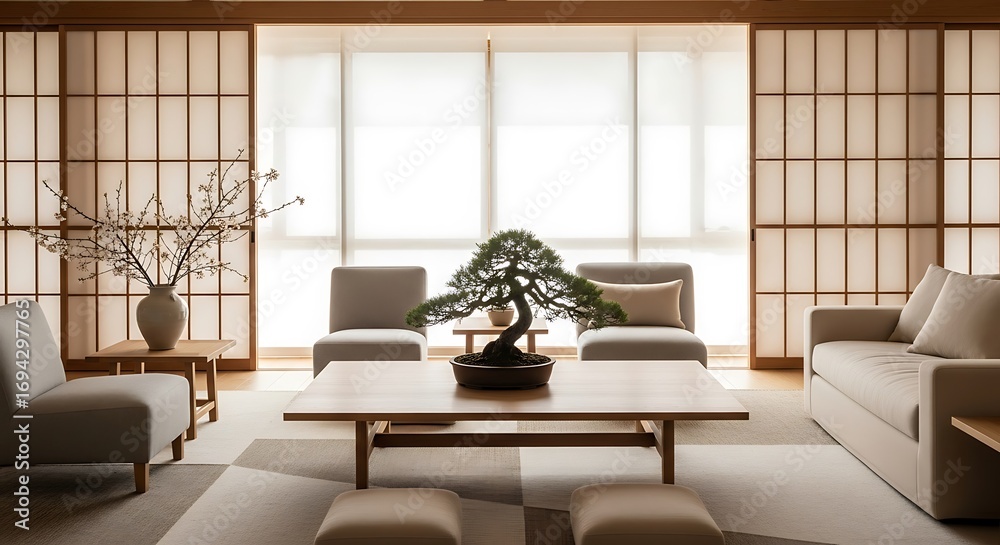 Fototapeta premium Minimalist Japanese Living Room with Traditional Shoji Screens and Elegant Furniture