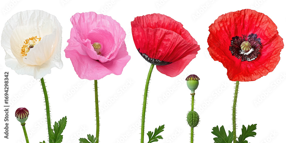 Obraz premium Assortment of Poppies in Bloom and Bud poppy flower isolated on a transparent background