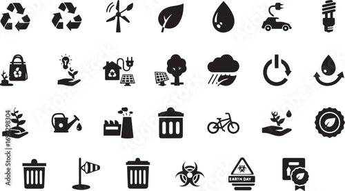 Eco and Environment Icon Set – Vector Symbols of Recycling, Energy, Water, Waste, and Sustainability for Green Projects and Designs