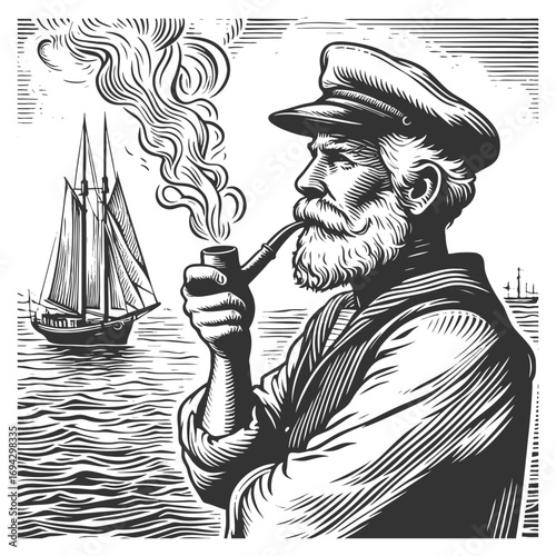 old sailor with a beard smoking a pipe, standing by the sea with sailing ships sketch engraving generative ai fictional character vector illustration. Scratch board imitation. Black and white image.