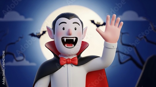 Cartoon Vampire Character with Bat Silhouettes in a Night Sky Scene, Friendly Halloween Costume Illustration for Kids Party, Spooky Theme Design, and Halloween Celebration Advertising