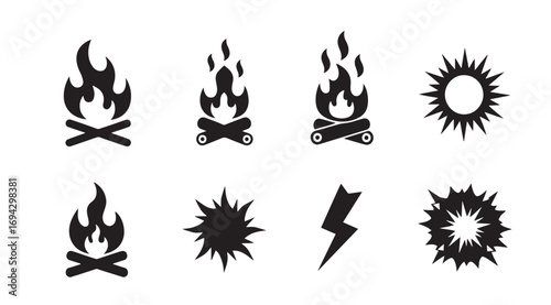 Fire and Energy Icon Set – Vector Silhouettes of Flames, Sun, Lightning, and Explosions for Power, Nature, and Survival Graphics
