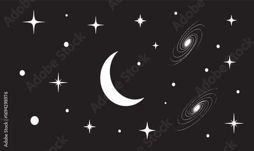 Minimalist Night Sky Vector – Crescent Moon, Stars, and Galaxies Illustration for Space-Themed Designs, Wallpapers, and Posters