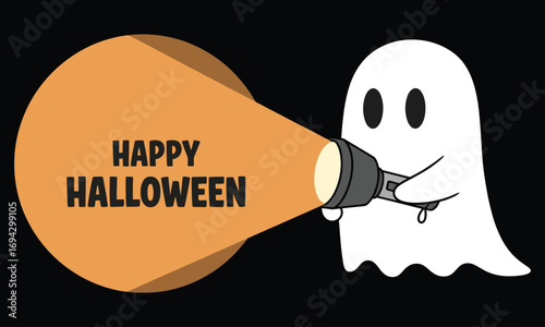 Cartoon ghost holding flashlight on happy halloween banner