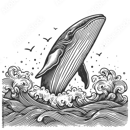 whale breaching the sea, surrounded by splashing waves and flying seabirds in retro style sketch engraving generative ai vector illustration. Scratch board imitation. Black and white image.