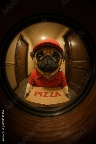 Pug dressed as pizza delivery courier holding pizza box, seen through door peephole with fisheye perspective, funny conceptual stock image in hallway setting