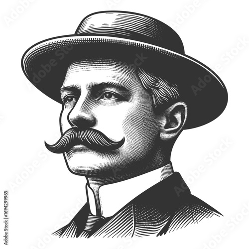 distinguished gentleman wearing a suit, bowler-style hat, and mustache in retro classic style sketch engraving generative ai fictional character vector illustration. Scratch board. Black and white.