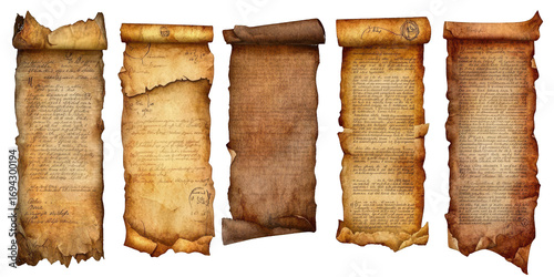 Collection of Ancient Parchment Scrolls blur real isolated on a transparent background