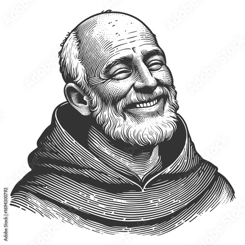 cheerful monk wearing a robe with a cross, symbolizing joy, faith, and medieval tradition sketch engraving generative ai fictional character vector illustration. Scratch board. Black and white image.