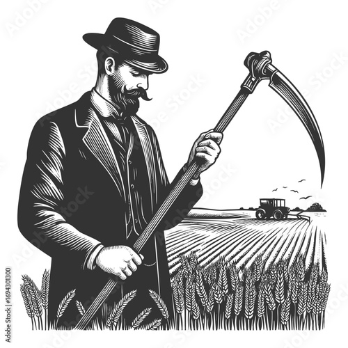 farmer in a suit holding a scythe, standing in a wheat field sketch engraving generative ai fictional character vector illustration. Scratch board imitation. Black and white image.
