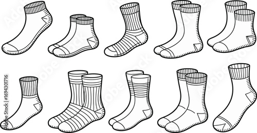 Sock icon set, black and white socks, fashion accessory clipart, footwear illustration, textile design, cozy socks, flat vector illustration