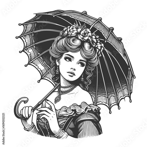 elegant Victorian woman holding a parasol, wearing floral accessories and ornate jewelry sketch engraving generative ai fictional character vector illustration. Scratch board. Black and white image.