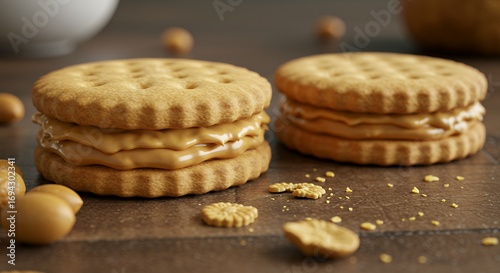 Peanut butter sandwich cookies on a wooden surface closeup