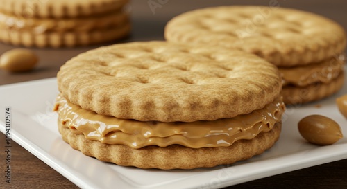 Sandwich cookies with peanut butter filling on white plate studio food photography