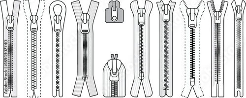Zipper icon set, black and white zippers, fashion hardware clipart, textile fasteners, product design elements, flat vector illustration