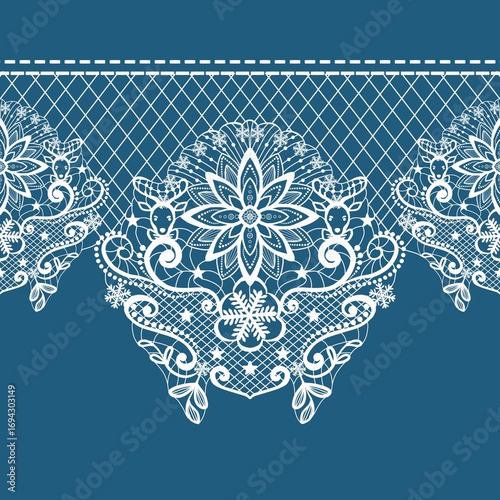 
This is a vector illustration of a detailed lace border with an intricate, repeating floral and snowflake pattern. The elegant white design, reminiscent of classic doilies and traditional fabric trim