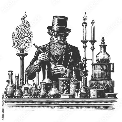 old alchemist working in a laboratory surrounded by flasks, scales, and mysterious equipment sketch engraving generative ai fictional character vector illustration. Scratch board. Black and white.