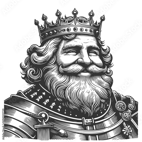 smiling bearded king wearing a crown and ornate armor, symbolizing royalty, leadership, heritage sketch engraving generative ai fictional character vector illustration. Scratch board. Black and white.