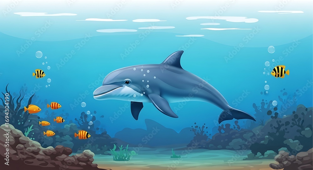 Fototapeta premium Dolphin swimming ocean reef scene.