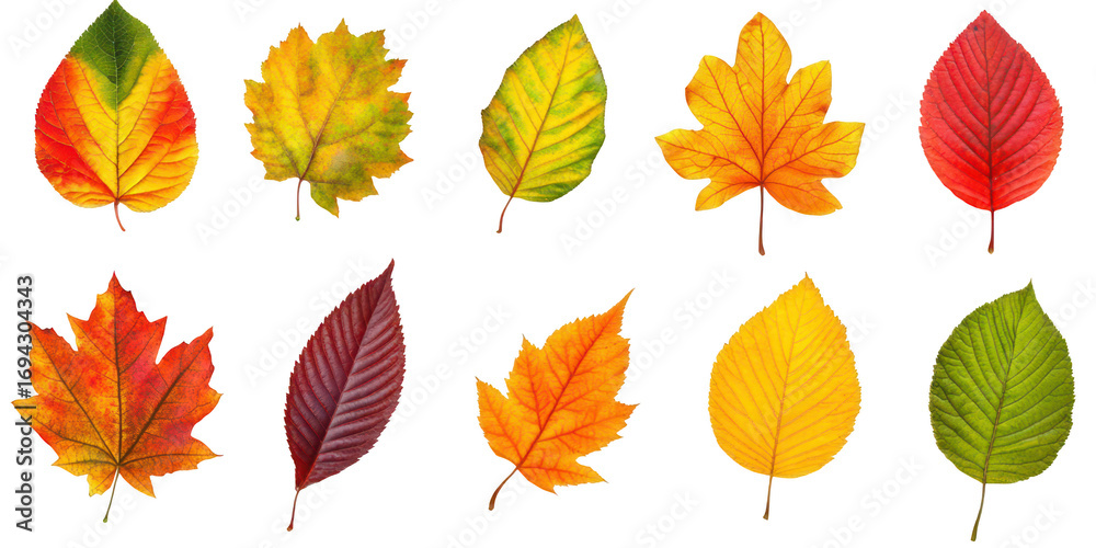 Fototapeta premium Collection of Ten Autumn Leaves in Vibrant Fall Colors leaf nature isolated on a transparent background