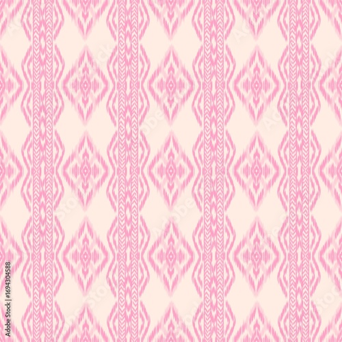 Seamless pink ikat textile pattern with geometric diamond shapes on a soft beige background, traditional ethnic fabric design for fashion, decoration, and digital prints.