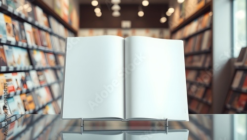 Open blank book mockup in bookstore aisle with blurred shelves of books background