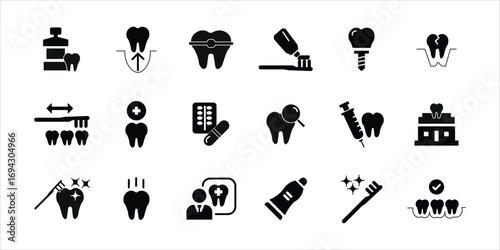 dental icons set. tooth, toothpaste, toothbrush and more. simple solid vector illustration